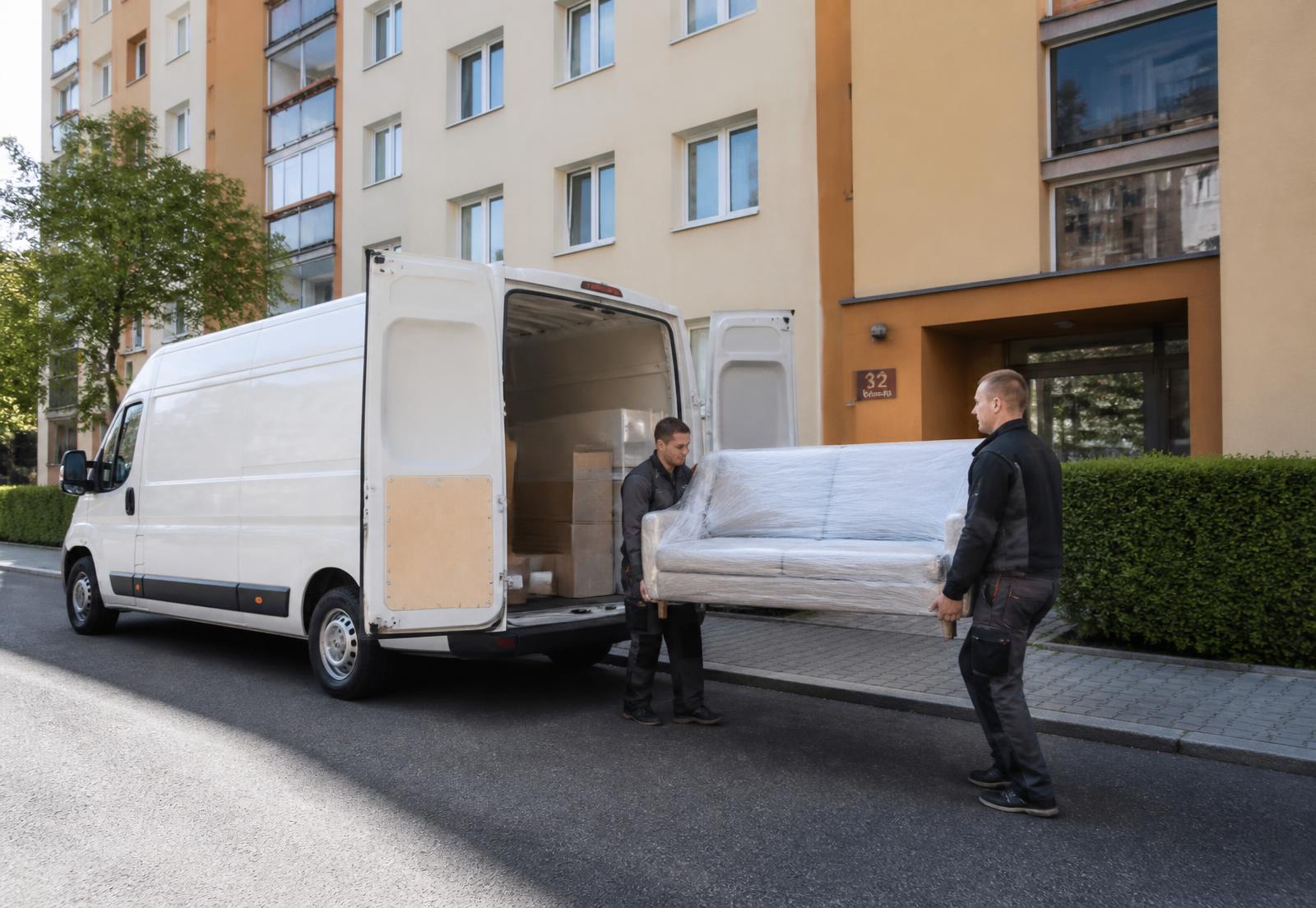 Stěhovací dodávka StěhujuTě.cz a dva stěhováci nakládající pohovku